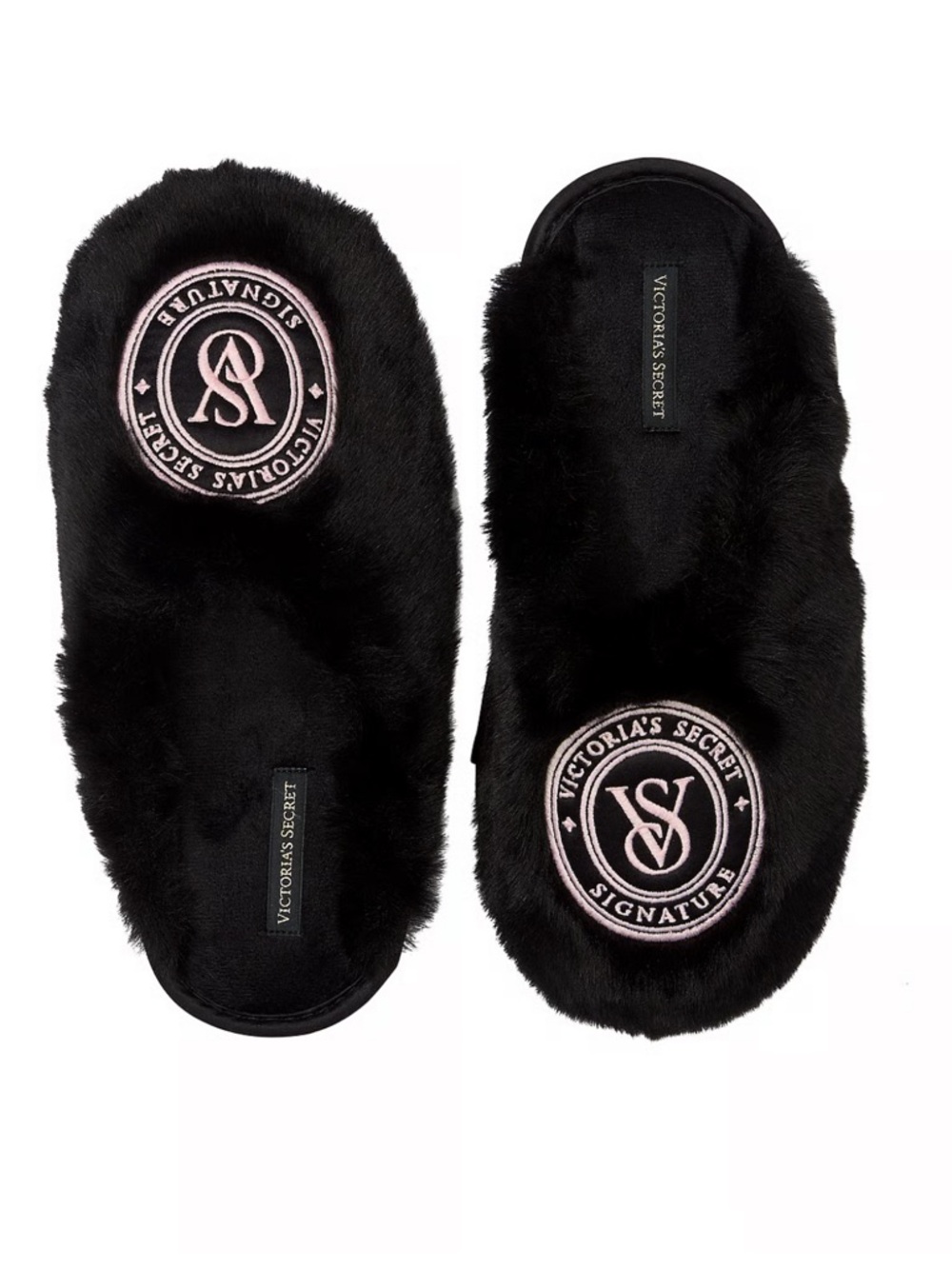 Victoria's Secret Black Plush Slide Slippers with Pink Logo